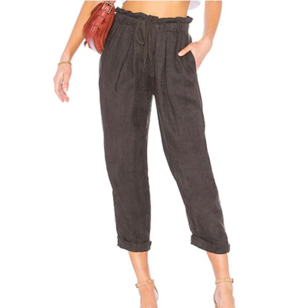 Free People Womens Charcoal Gray 100% Linen Paperbag Waist Pants Size M